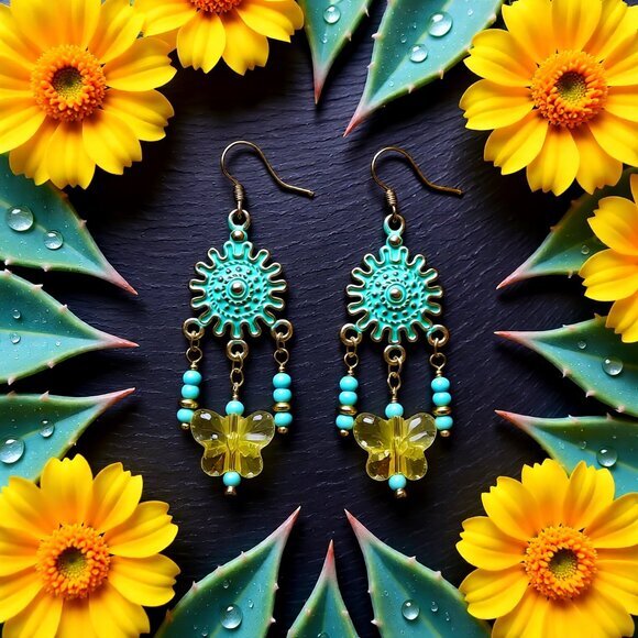 Boho Butterfly Chandelier Earrings Yellow Aqua Turquoise Spring Festival